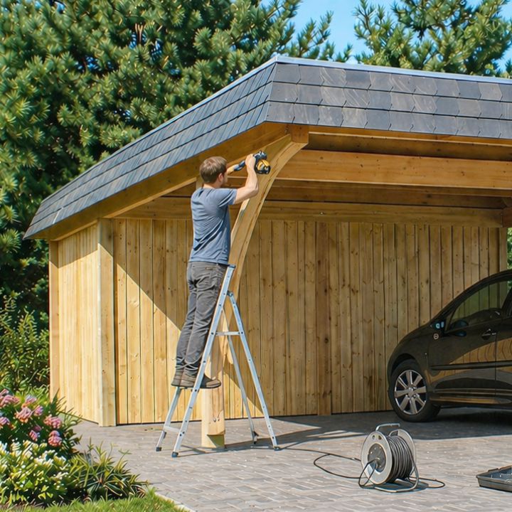 Carport Bausatz aus Holz mit Flachdach, Walmblende in Schiefer und Leimholzb&ouml;gen beim Aufbau