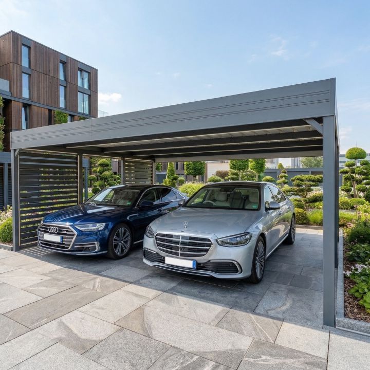 Carport Bausatz aus Stahl als freitragender Doppelcarport in Anthrazit