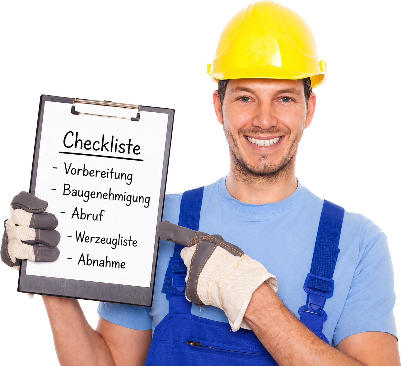 Handwerker mit Bauhelm und Checkliste f&uuml;r die Montage eines Carport Bausatzes